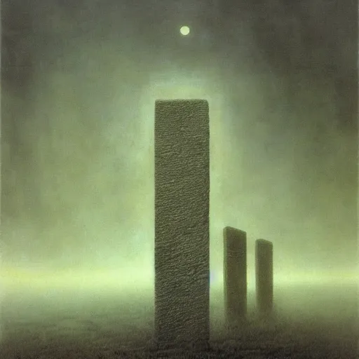 Prompt: arm reaching out of thick fog, 6 stelae pointing down from the sky, zero gravity, zdzislaw beksinski