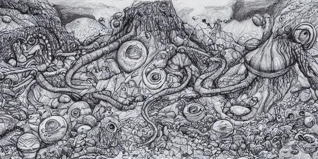 Prompt: doodle ballpoint pen drawing of a alien landscape with strange life forms, detailed
