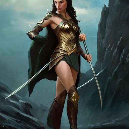 Image similar to gal gadot as an elf from lord of the rings, concept art by leonardo divinci and greg rutkowski, painting, 4 k 8 k trending on artstation, highly detailed, key splash art, octane render, beautiful lighting, rule of thirds, golden ratio,