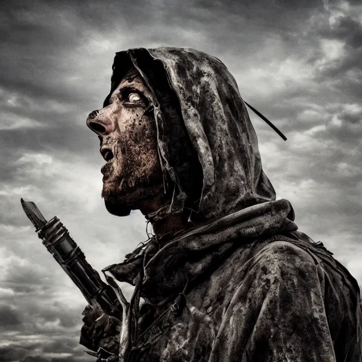 Image similar to hooded apocalyptic man standing in wasteland, hyper - detailed, smooth, sharp focus, 4 k ultra hd, fantasy dark art, apocalyptic art