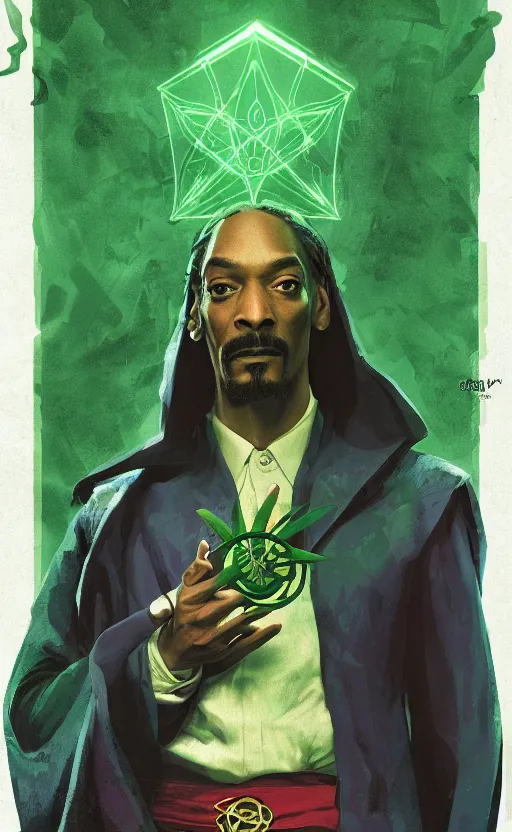 Image similar to snoop dogg as doctor strange, long shadow, green colors, marijuana leaves, marijuana, by greg rutkowski, artstation