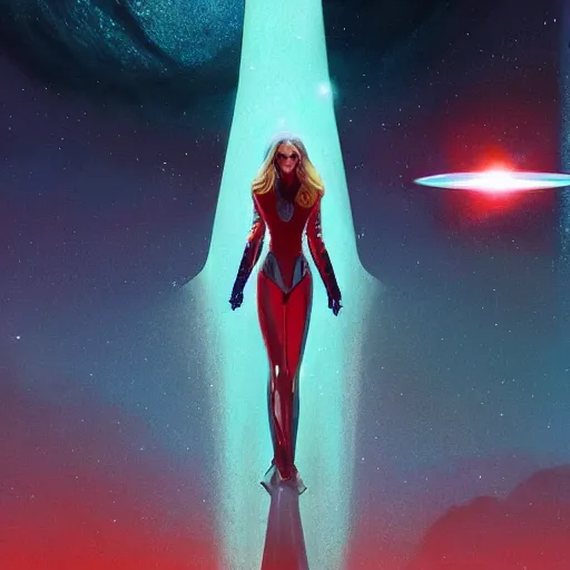 Image similar to Elizabeth Olsen as a stunning , beautiful retro SCI-FI space heroine 1985 , movie poster, intricate, elegant, highly detailed, centered, digital painting, trending on artstation, concept art, smooth, sharp focus, illustration, art by raphael lacoste ,eddie mendoza ,alex ross, WLOP