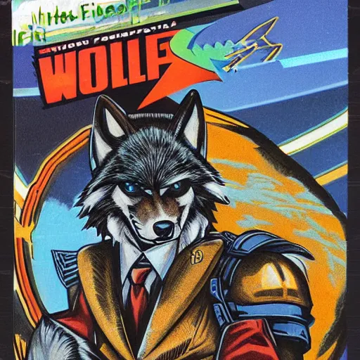 Image similar to 1 9 8 0 s video game art of anthropomorphic wolf o'donnell from starfox fursona furry wolf in a dark space mercenary uniform, looking heroic, magazine scan, 8 0 s game box art, dark grey wolf o'donnell