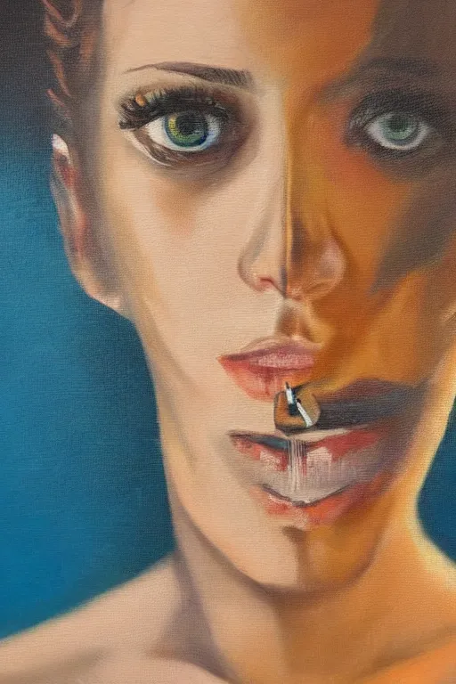 Image similar to oil painting, close-up hight detailed portrait of woman with needle close to eye, in style of 80s sci-fi art