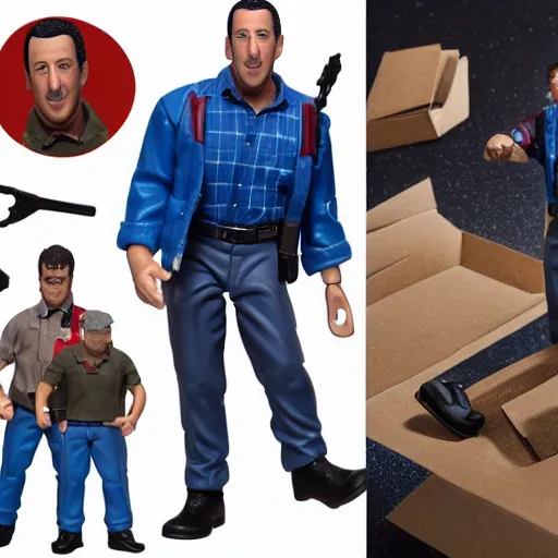 Image similar to a still a detailed full body action figure of adam sandler, first 4 figures, hasbro detailed product photo