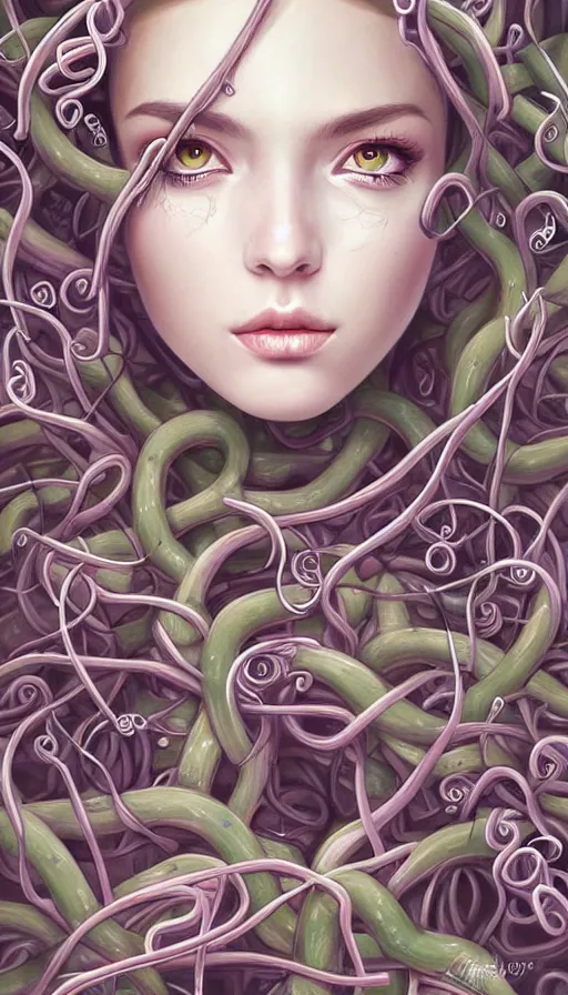 Image similar to very detailed portrait of a 2 0 years old girl surrounded by tentacles, the youg woman visage is blooming from fractal and vines, by artgerm