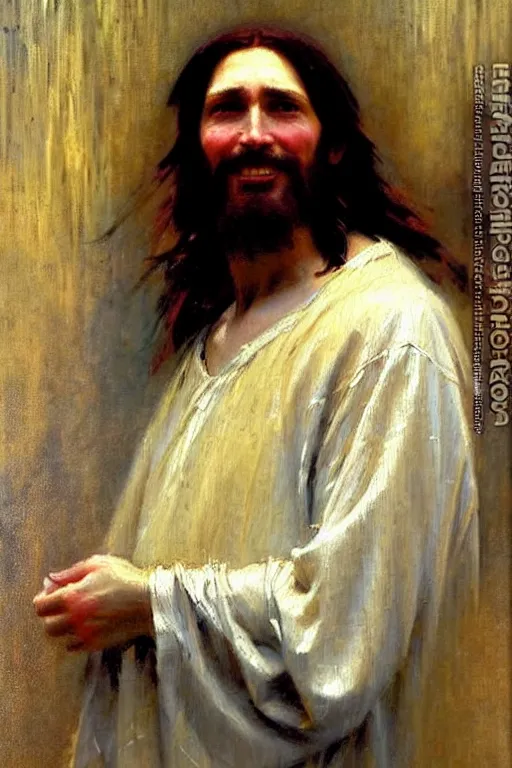 Image similar to impressionist brushstrokes!!!!!!!!! solomon joseph solomon and richard schmid and jeremy lipking victorian loose genre loose painting full length portrait painting of jesus with a slight smile happy inviting