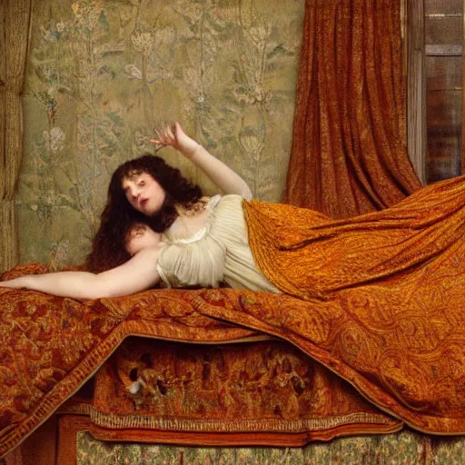 Image similar to preraphaelite photography reclining on bed, large downslanted eyes, large lips, big brown fringe, yellow ochre ornate medieval dress, charles sillem lidderdale, william morris, 4 k