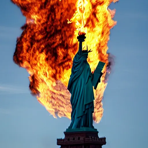Prompt: the Statue of Liberty holding a burning torch aloft in her hand, award winning photojournalism