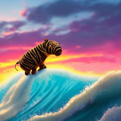 Image similar to a closeup photorealistic photograph of a happy knitted tiger hippopotamus riding a large wave during sunset. surf in the background. professional capture. brightly lit scene. this 4 k hd image is trending on artstation, featured on behance, well - rendered, extra crisp, features intricate detail, epic composition and the style of unreal engine.