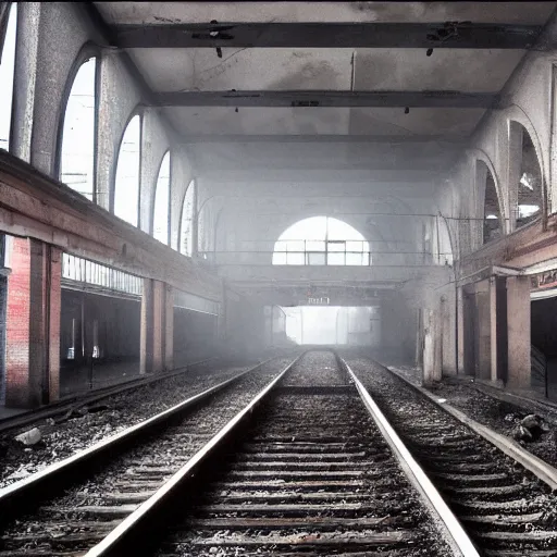 Prompt: derelict train station, cracked walls, dust, fog, hyperdetailed, 4 k