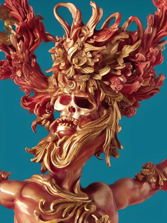 Prompt: a sculpture Apollon with many big flowers birds baroque elements in the form of a wax liquid colourfull Asian sculpture. bubbling red wax, super hero pose, skull, flowers, baroque. intricate. Trending on artstation. octane render, cinematic, hyper realism, octane render, 8k, depth of field, bokeh. iridescent accents. vibrant. teal and gold and red colour scheme