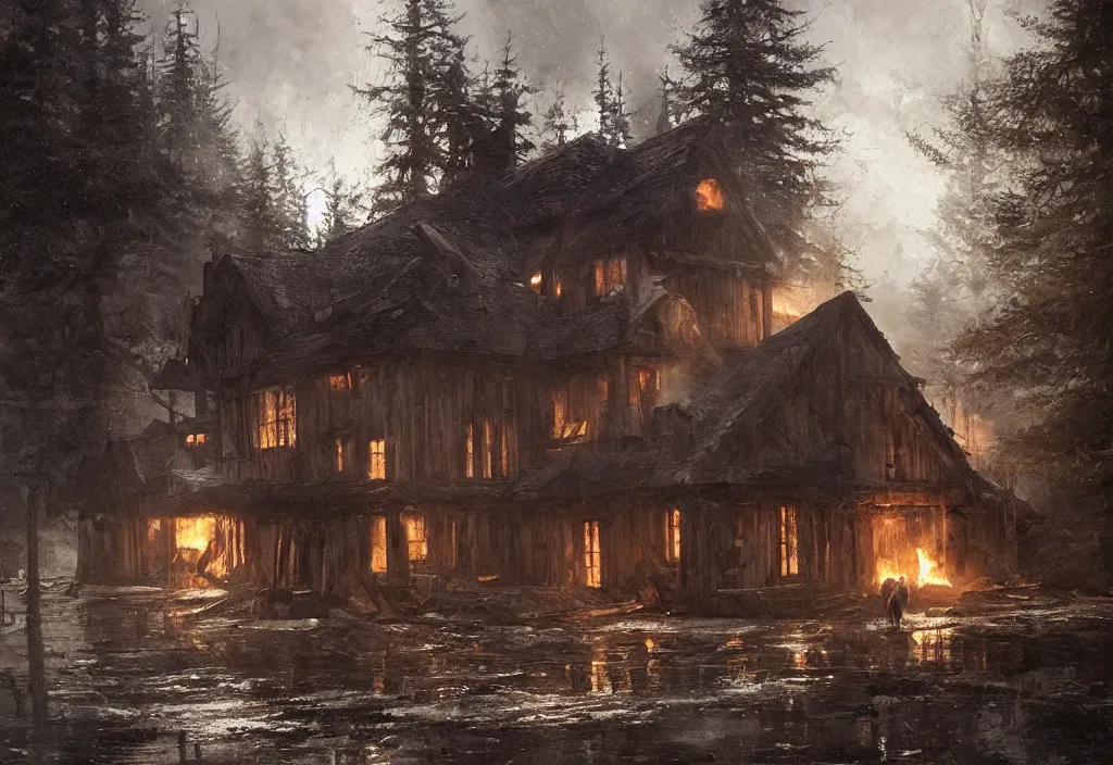 Image similar to a white wolf in front of a large burning timber house, artstation, jakub rozalski, high detail, dramatic lighting, night, rain