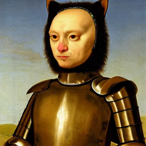 Prompt: portrait painting of a cat dressed as knight with heavy metal armor by George Stubbs, renaissance painting, oil painting, old master