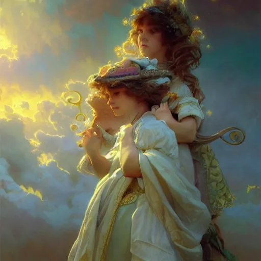 Prompt: childs day dream in clouds, sharp focus, intricate, elegant, digital painting, artstation, matte, highly detailed, concept art, illustration, volumetric lighting, gold and blue and pink color scheme, art by greg olsen, alphonse mucha, and greg rutkowski