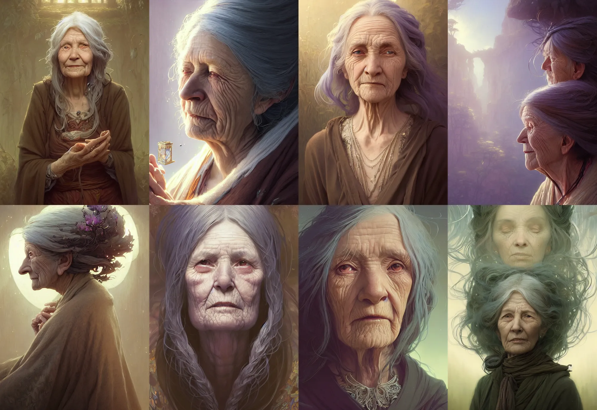 Image similar to highly detailed portrait of an old woman with long hairs, stephen bliss, unreal engine, fantasy art by greg rutkowski, loish, rhads, ferdinand knab, makoto shinkai and lois van baarle, ilya kuvshinov, rossdraws, tom bagshaw, alphonse mucha, global illumination, radiant light, detailed and intricate environment