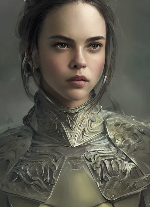 Image similar to a professional portrait of a beautiful young female, clothed in ethereal battle armor, olive skin, long dark hair, beautiful bone structure, symmetrical facial features, intricate, elegant, digital painting, concept art, smooth, sharp focus, finely detailed, illustration, from Valerian and the City of a Thousand Planets, in the style of Ruan Jia and Mandy Jurgens and Artgerm and Greg Rutkowski and William-Adolphe Bouguerea