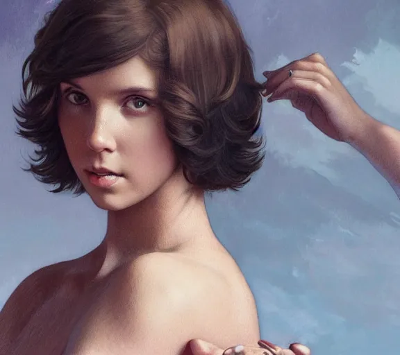 Prompt: photography millie bobby brown with hands - up and hairy armpits, deep focus, intricate, elegant, highly detailed, digital painting, artstation, concept art, matte, sharp focus, illustration, art by artgerm and greg rutkowski and alphonse mucha and gil elvgren