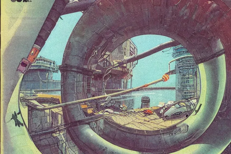 Image similar to 1 9 7 9 omni cover of a sewer pipe near spewing fish and trash near a seawall in tokyo. art in cyberpunk style by dali, and vincent di fate