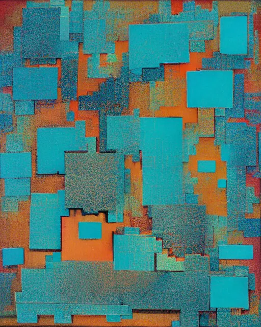 Image similar to a satellite view of a square city with geometric shapes by ramon chirinos, glitches, ocher and turquoise colors