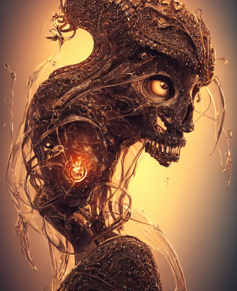 Image similar to close-up macro portrait of the face of a beautiful princess with animal skull mask, epic angle and pose, symmetrical artwork, 3d with depth of field, blurred background, cybernetic jellyfish female face skull phoenix bird, translucent, nautilus, energy flows of water and fire. a highly detailed epic cinematic concept art CG render. made in Maya, Blender and Photoshop, octane render, excellent composition, cinematic dystopian brutalist atmosphere, dynamic dramatic cinematic lighting, aesthetic, very inspirational, arthouse. y Greg Rutkowski, Ilya Kuvshinov, WLOP, Stanley Artgerm Lau, Ruan Jia and Fenghua Zhong