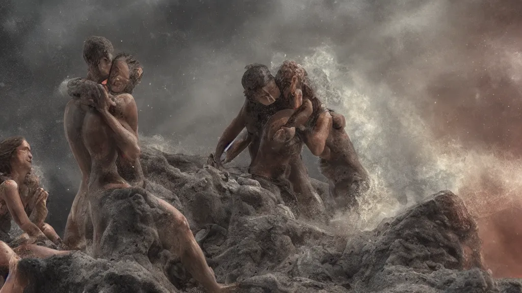 Image similar to a man and a woman hugging during the eruption of pompeii, behance, 8k featured in artstation, cinematic,, sharp focus, very detailed, volumentric lighting