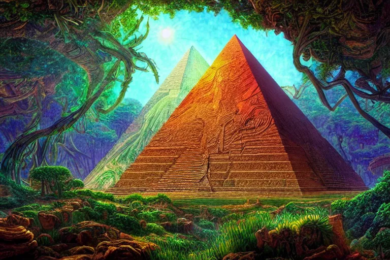 Prompt: a beautiful and highly detailed digital painting of an alien pyramid made of stone in a lush psychedelic forest, psytrance patterns, psychedelic plants and trees, intricate details, epic scale, 8 k, sharp focus, photorealism, artstation, cgsociety, by caspar friedrich, albert bierstadt, james gurney,