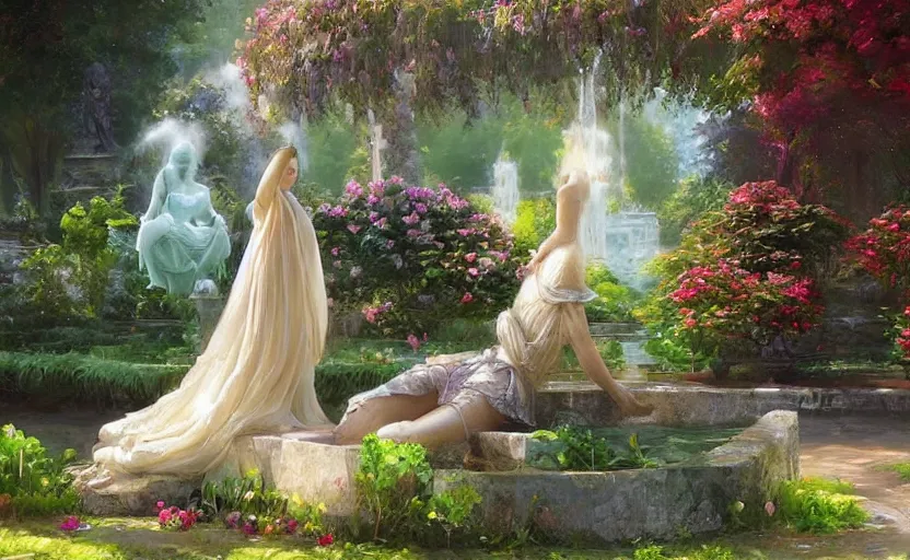 Image similar to The kneeling statue of a woman in a beautiful garden, next to a fountain and a mystical palace, and all this in a foggy and mysterious atmosphere. Fantasy and concept art by Konstantin Razumov.