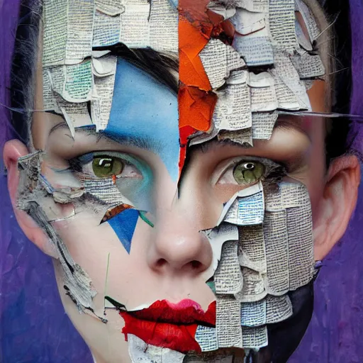 Image similar to a painting of a woman's face with pieces of torn-up pages of superhero comic books on her face, a surrealist painting, behance contest winner, pop surrealism, surrealist, detailed painting, poster art