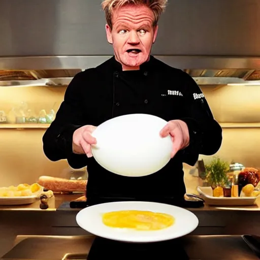 Image similar to < photo hd trending funny > gordon ramsey foams at the mouth with hunger after seeing a gigantic boiled egg < / photo >