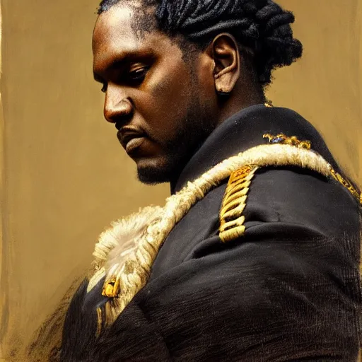 Prompt: Pusha T as a 1850s European army general naturalistic technique, bold brushwork, light and shadow, depth. Sense of movement H 576