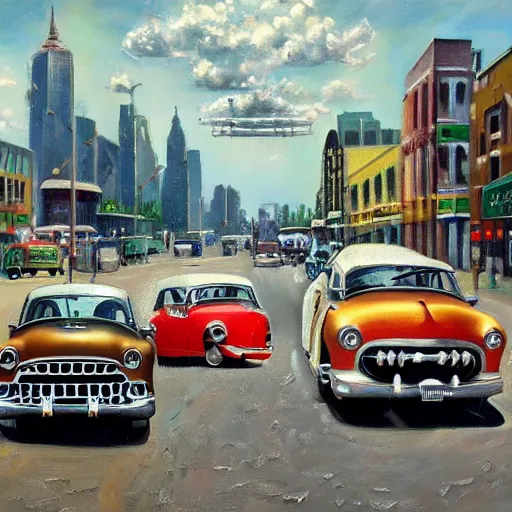 Image similar to 4K hyper realistic oil painting of 1950s city with old cars and a big speaker array in the sky booming techno music