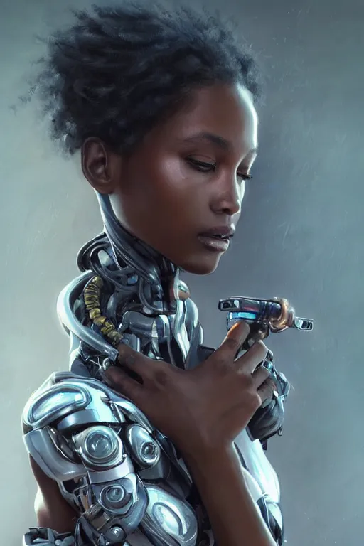 Image similar to ultra realistic illustration, closeup portrait, black mixed beautiful woman, hugging a robot, cyberpunk, sci - fi, fantasy, intricate, elegant, highly detailed, digital painting, artstation, concept art, smooth, sharp focus, illustration, art by artgerm and greg rutkowski and alphonse mucha