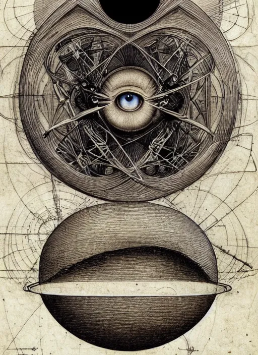 Prompt: a full page cad drawing by leonardo da vinci of a brain man, surreal eye moon, deconstructed, flat, impossible geometry, ink on paper, scientific, highly detailed labeling, measurements, outlines, super smooth lines, clean edges, smooth details, 8 k uhd, peter mohrbacher, moebius
