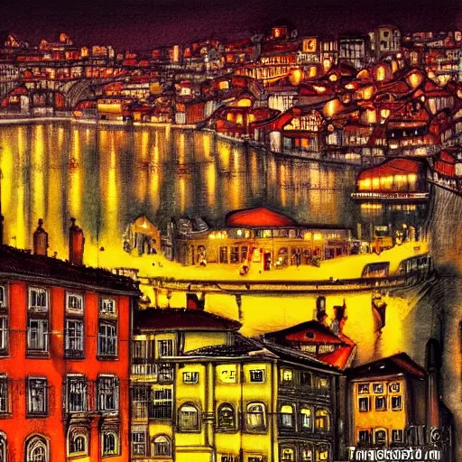 Image similar to the city of Oporto Portugal depicted in the style of blade runner