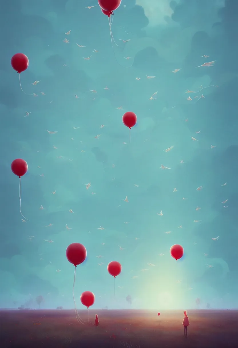 Prompt: flying flock of red balloons flying up, in a light blue color palette of cosmic spring, flowing, intricate, beautiful render, award winning photography, by simon stalenhag and wlop and artgerm, beautiful illustration