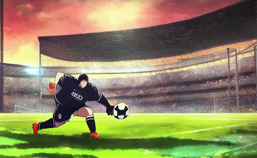 Image similar to An obese goal keeper saving a penalty, soccer game, anime scenery by Makoto Shinkai, digital art