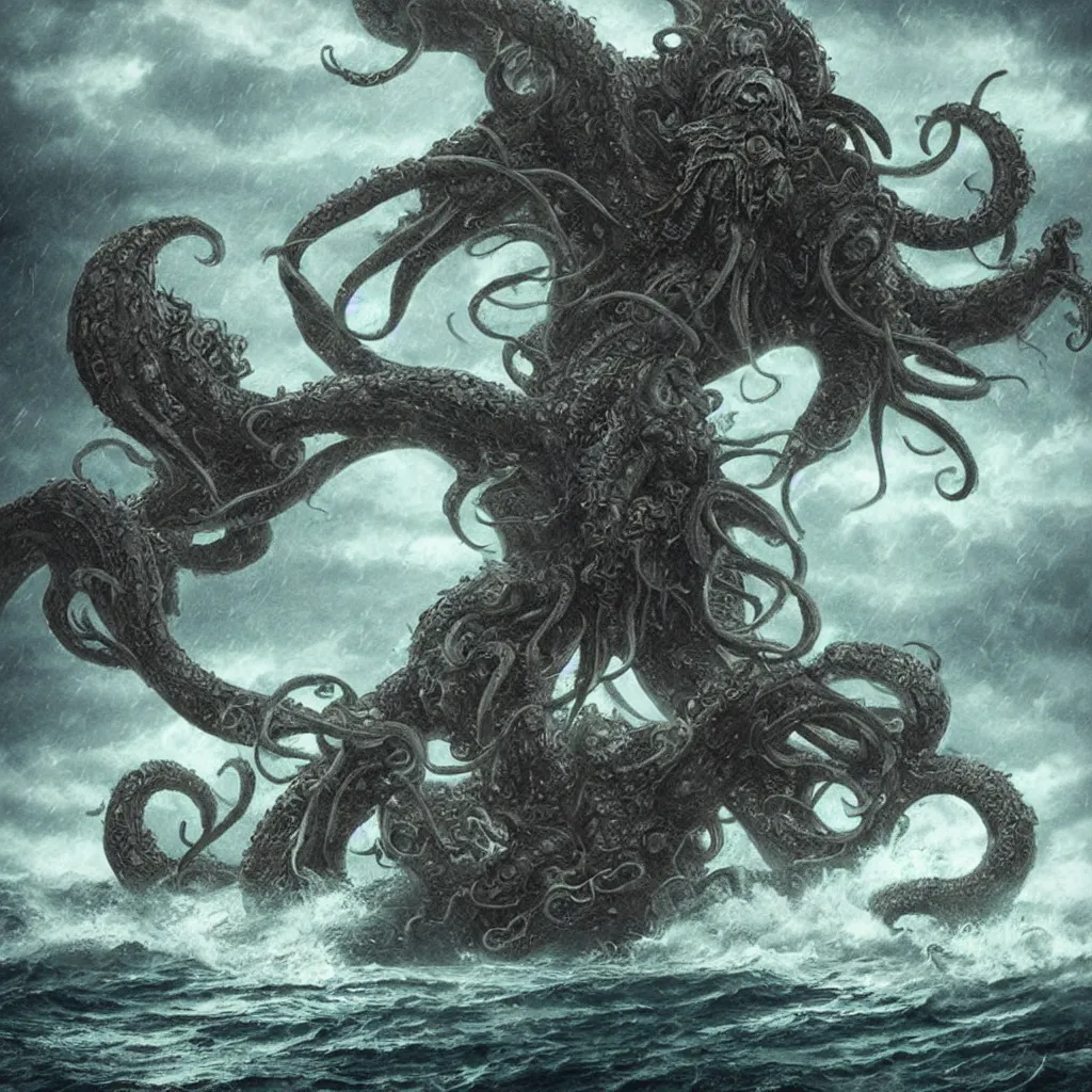 Image similar to A 600 meter high cthulhu fighting against a 500 meter Kraken on a stormy sea with boats around., photoreal