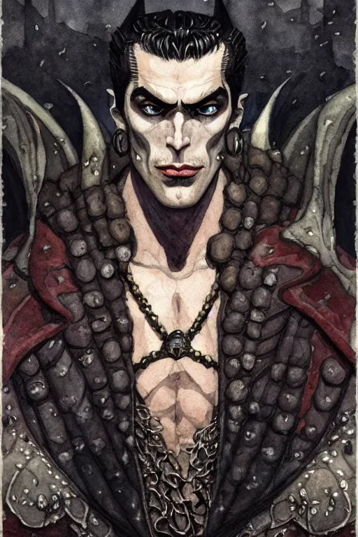 Image similar to portrait of a muscular strahd the vampire in a dark alleyway, fantasy, intricate, elegant, highly detailed, digital painting, artstation, concept art, matte, sharp focus, illustration, art by kay nielsen and walter crane, illustration style, watercolor