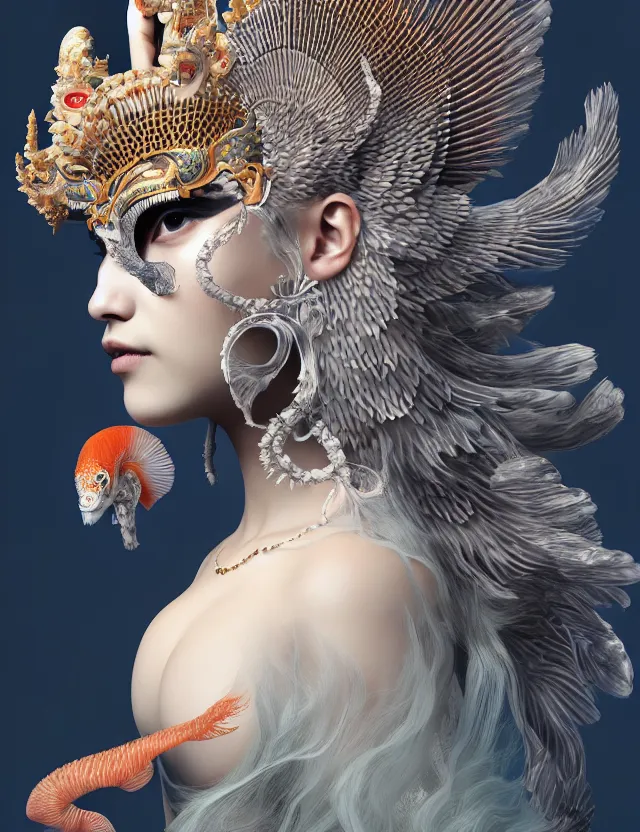 Image similar to 3 d goddess close - up profile portrait with crown, ram skull. beautiful intricately detailed japanese crow kitsune mask and clasical japanese kimono. betta fish, jellyfish phoenix, bio luminescent, plasma, ice, water, wind, creature, artwork by tooth wu and wlop and beeple and greg rutkowski