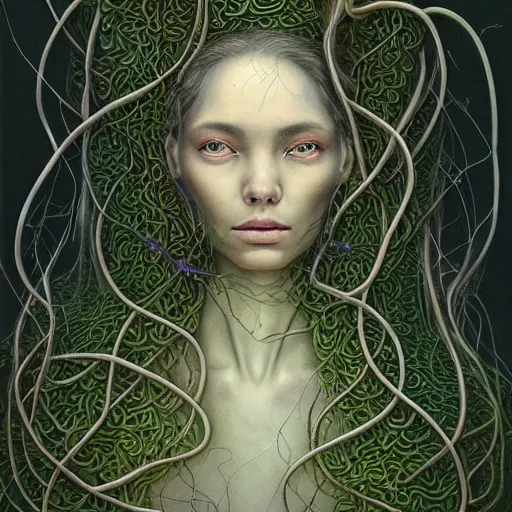 Image similar to very detailed portrait of a 2 0 years old girl surrounded by tentacles, the youg woman visage is blooming from fractal and vines, painted by esao andrews and karol bak and zdzislaw beksinski and zdzisław beksinski