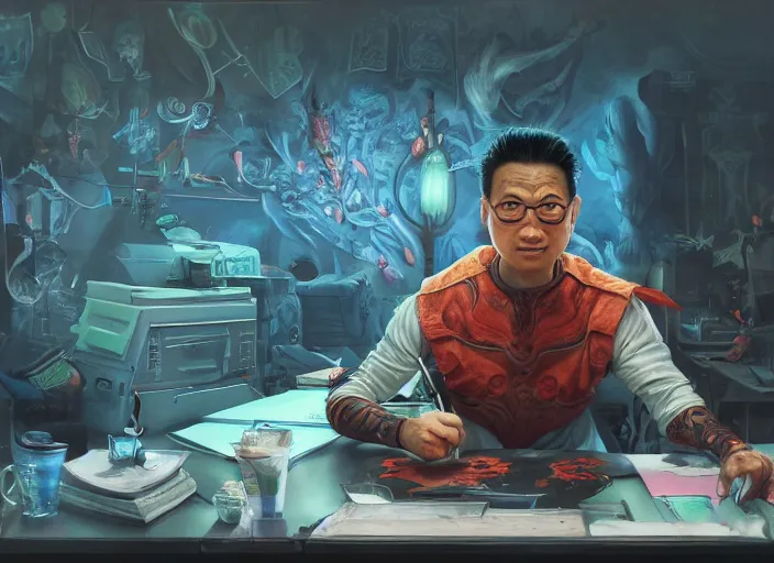 Image similar to an insanely detailed painting of an asian man wearing a homemade superhero costume, sitting at a desk, staring seriously at the computer and typing, in the style of peter mohrbacher, james jean, artgerm, dramatic lighting and composition, surreal background, octane render, pixar, trending on artstation, concept art, comic book, view from behind, 8 k