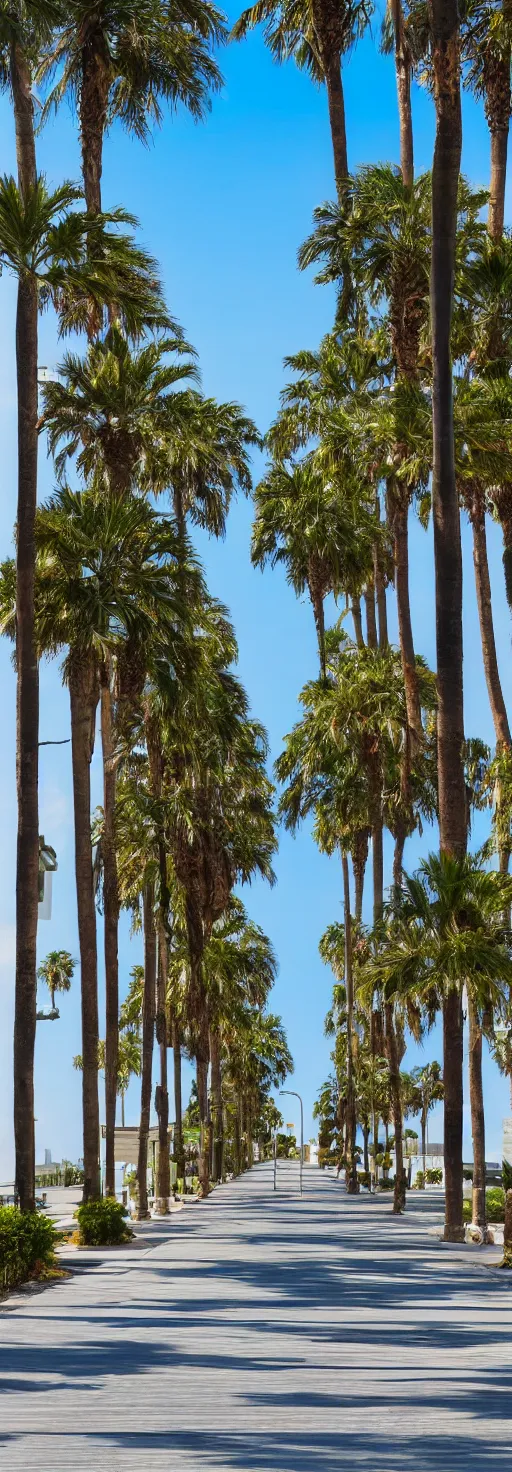 Prompt: side shot of sidewalk with bike path, palm trees, accessible for the disabled, by professional photographer, 8 k resolution, photo, high quality, unreal engine, 3 d