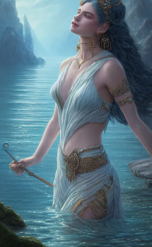 Prompt: the goddess of the lake, highly detailed, d & d, water everwhere fantasy, highly detailed, digital painting, trending on artstation, concept art, sharp focus, global illumination, ray tracing, illustration, art by artgerm and greg rutkowski and fuji choko and viktoria gavrilenko and hoang lap