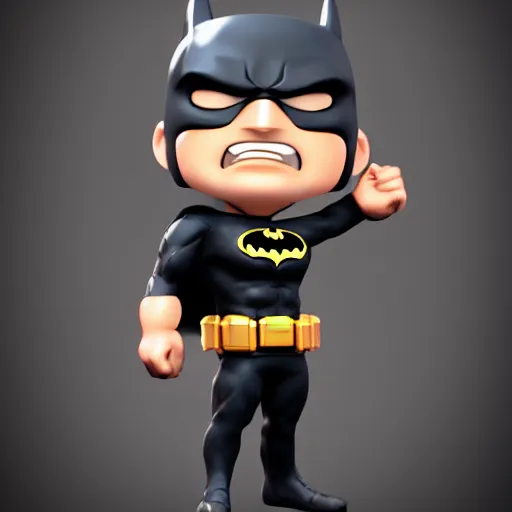 Prompt: A ultra detailed render of a chibi style Batman in a power stance pose, adorable, cute, Portrait Lighting, trending on ArtStation, octane render, cinema4d, Zbrush,