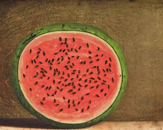 Image similar to a 1 5 th century medieval oil painting of a watermelon with lots of rind and large seeds. high quality scan