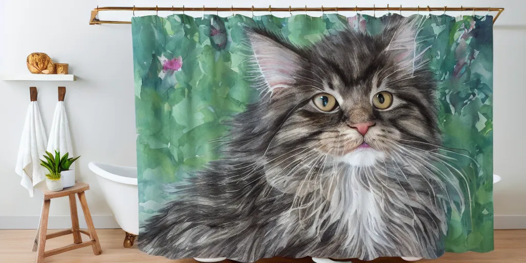 Prompt: shower curtain product catalog. on the curtain is a watercolor with ink under drawing of one maine coon kitten with its toy. wide - angle product photography, product lighting. 4 k, highly detailed. saturated.