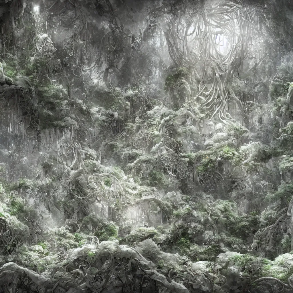 Image similar to biocomputer heart organ intertwined with white biocomputer flowers in a biomechanical cave forest, intricate environment, matte painting, diffused lighting, highly detailed cinematic, atmosphere, diffused lighting, highly detailed digital art, trending on artstation, depth of field, wide angle