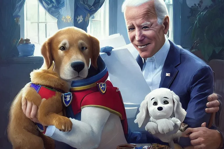 Image similar to beautiful cottagecore handsome joe biden holding a paw patrol dog named chase, intricate, elegant, highly detailed, digital painting, artstation, concept art, smooth, sharp, focus, illustration, art by artgerm and greg rutkowski and alphonse mucha