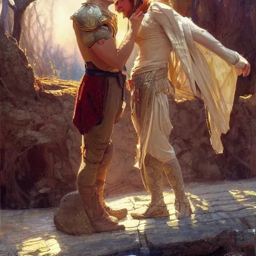 Image similar to attractive male arthur pendragon confesses his love to attractive male merlin. highly detailed painting by gaston bussiere, craig mullins, j. c. leyendecker 8 k